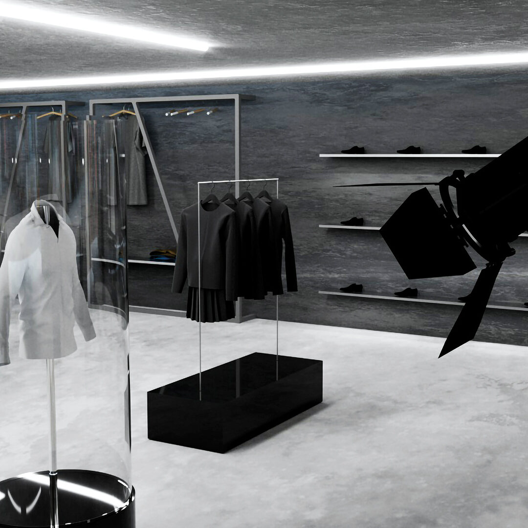 render di un concept multibrand store con interni grigi