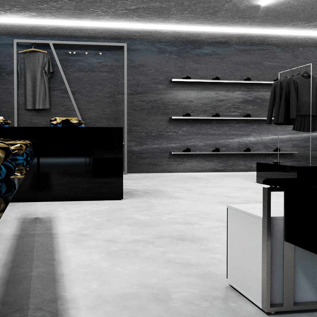 render di un concept multibrand store con interni grigi