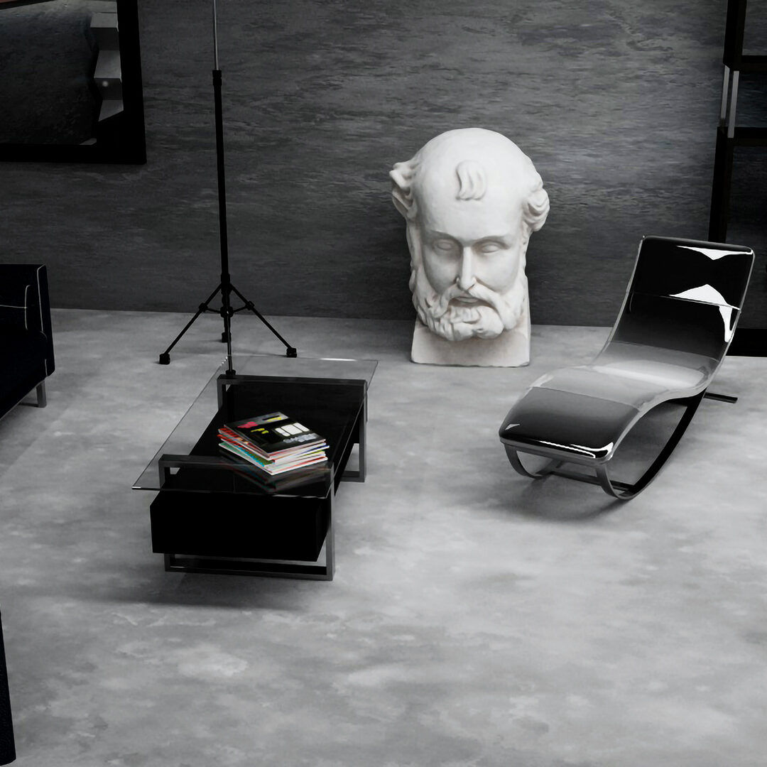 render di un concept multibrand store con interni grigi