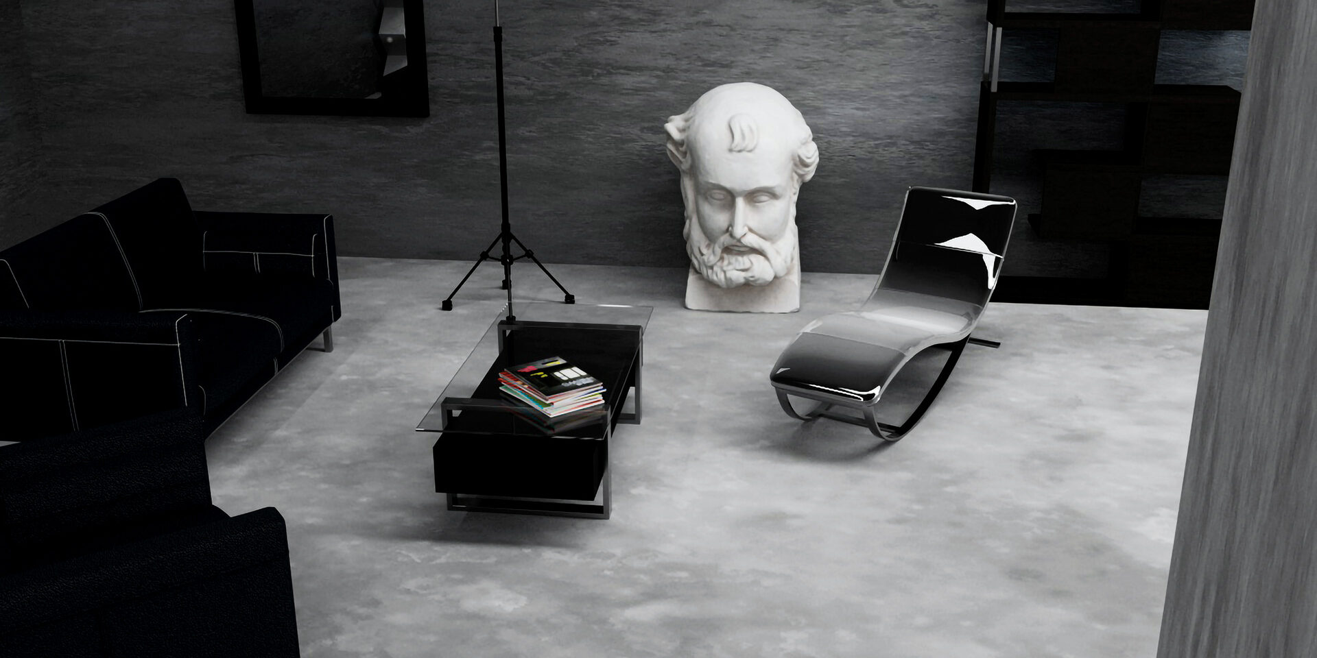 render di un concept multibrand store con interni grigi